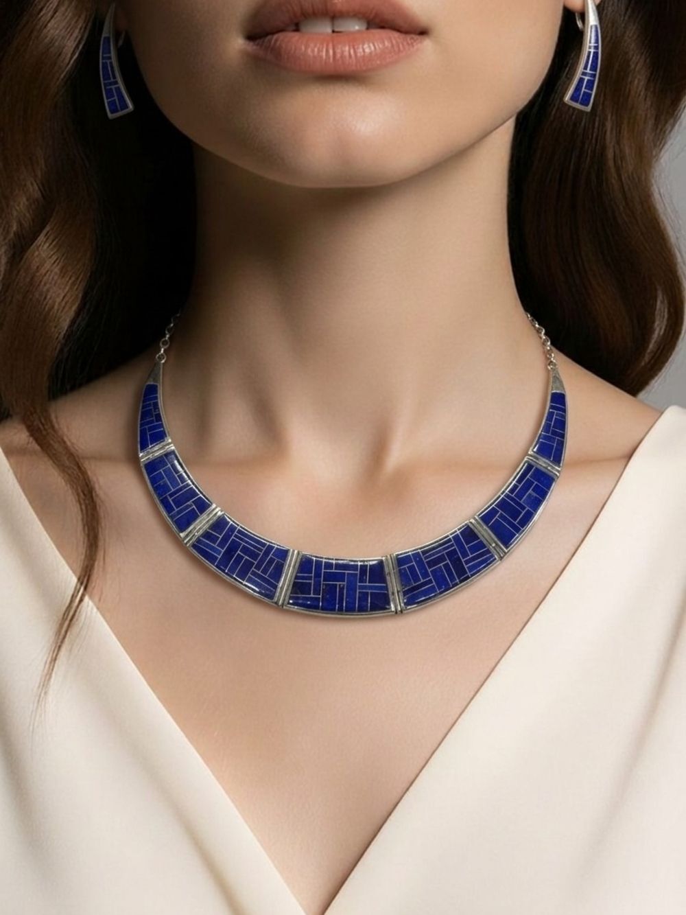 Vintage Sterling Silver Lapis Lazuli Mosaic Inlay Necklace Earrings Set BJ
